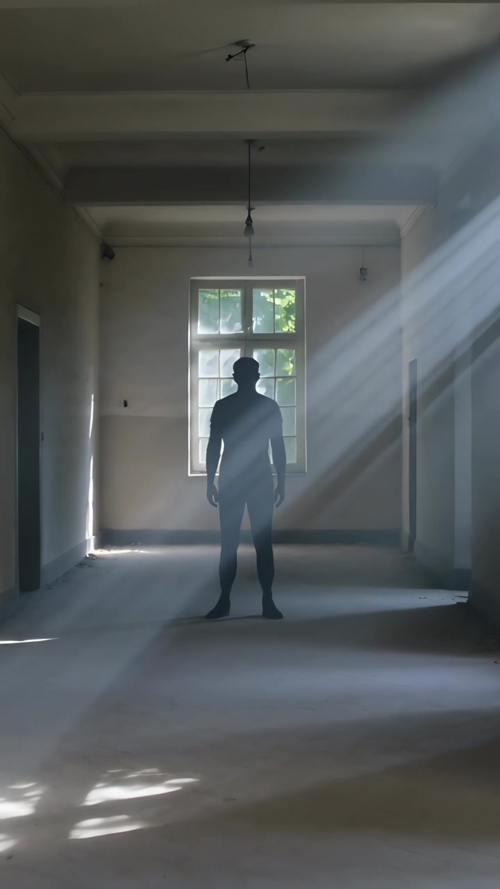 Video verticale: Uomo in piedi con maglia scura si sposta nel corridoio, la luce del sole filtra dalla finestra.