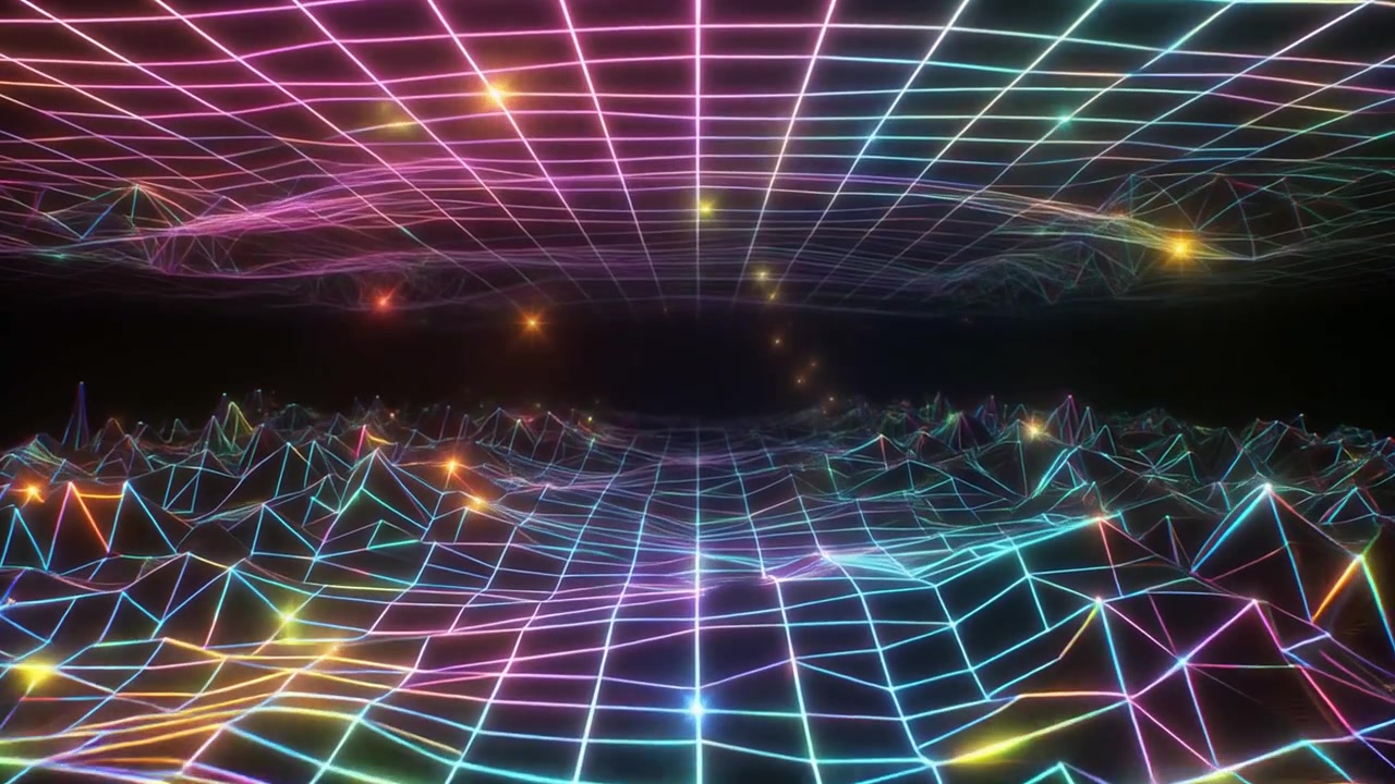 Volando Attraverso un Vibrante Paesaggio Digitale Retrofuturistico a Griglia Neon