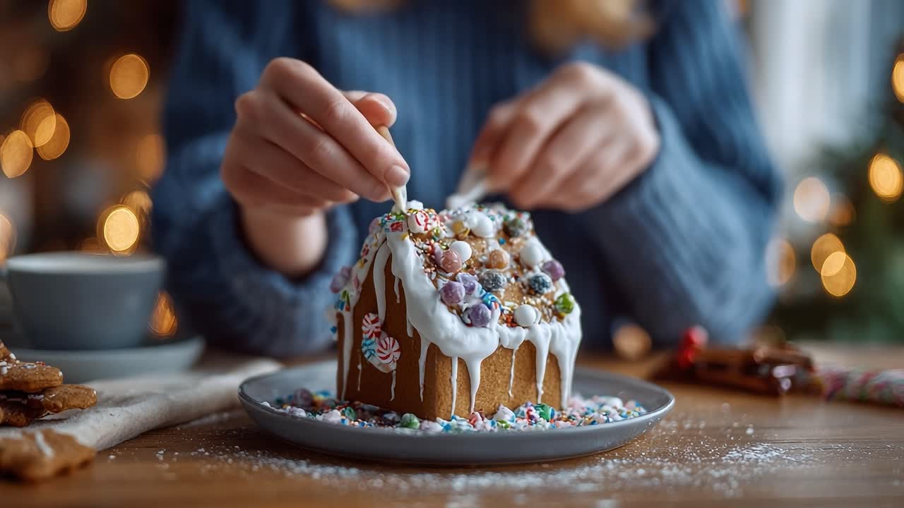 Delightful Holiday Treat: A Hands-On Decorating Experience with a Festively Iced Gingerbread House and Colorful Toppings Captured in a Cozy Atmosphere