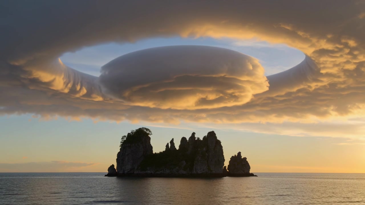 Nuvola lenticolare in movimento che mostra una cupola e un anello sopra un'isola rocciosa all'alba, con il sole che si sposta.