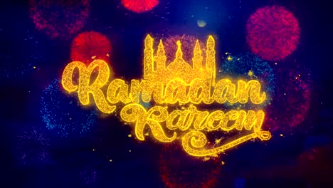 el texto del deseo de ramadán kareem sobre las coloridas partículas de explosión de fuegos artificiales.