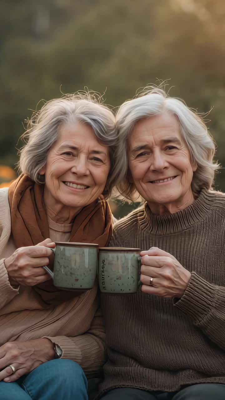 Vertical video: Lifting green mugs, two senior women toasting and smiling in garden with scarf