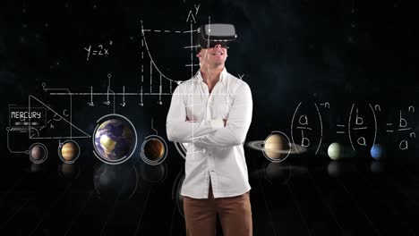 mathematical equations and solar system floating against man using vr headset