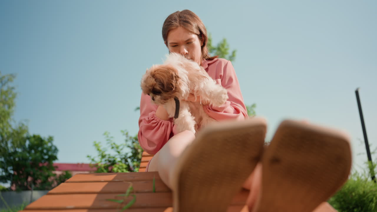 Young White Woman Cuddling Fluffy Puppy On Wooden Bench In Sunny Garden, Wearing Pink Shirt, Gently Brushing And Comforting Pet, LowAngle Cinematic Summer Portrait Showing Tender Bond, Relaxed