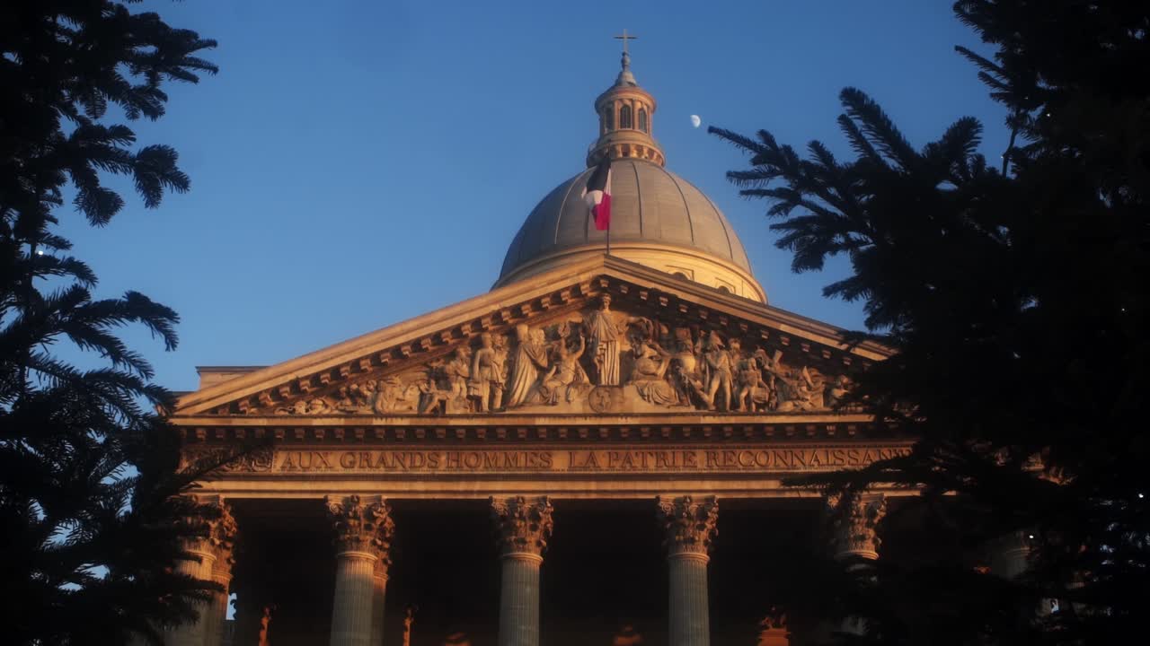 shot from between the trees for the Pantheon of Paris at sunset