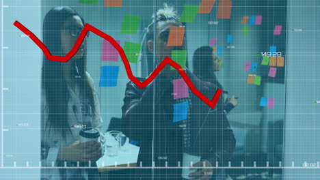 animación de la caída del gráfico sobre diversos compañeros de trabajo discutiendo la estrategia en notas adhesivas en la oficina