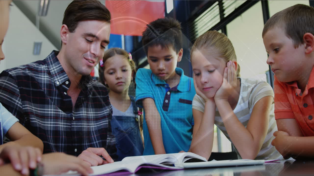 Animation of data processing and padlock over caucasian male teacher with diverse schoolchildren