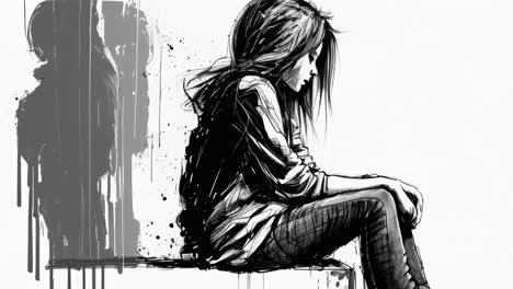 sketch animation of lonely depressed girl