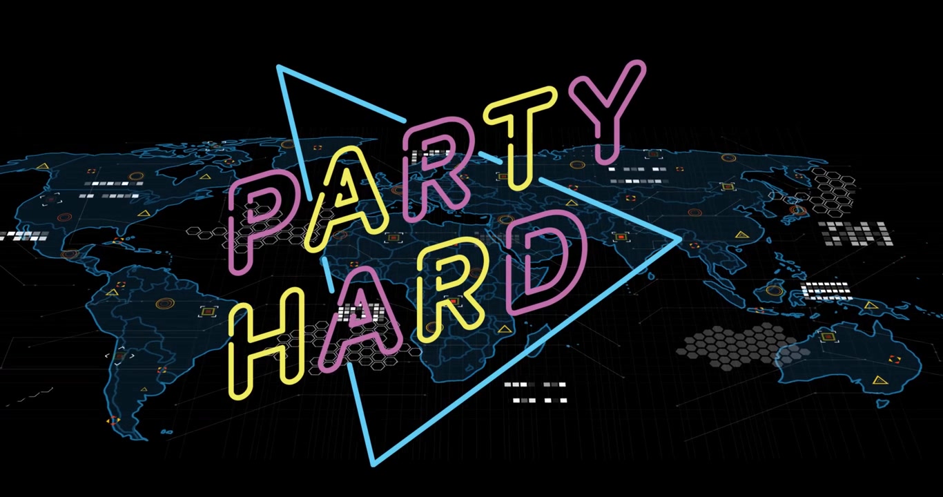 Animation of party hard and triangle over world map with icons on black background