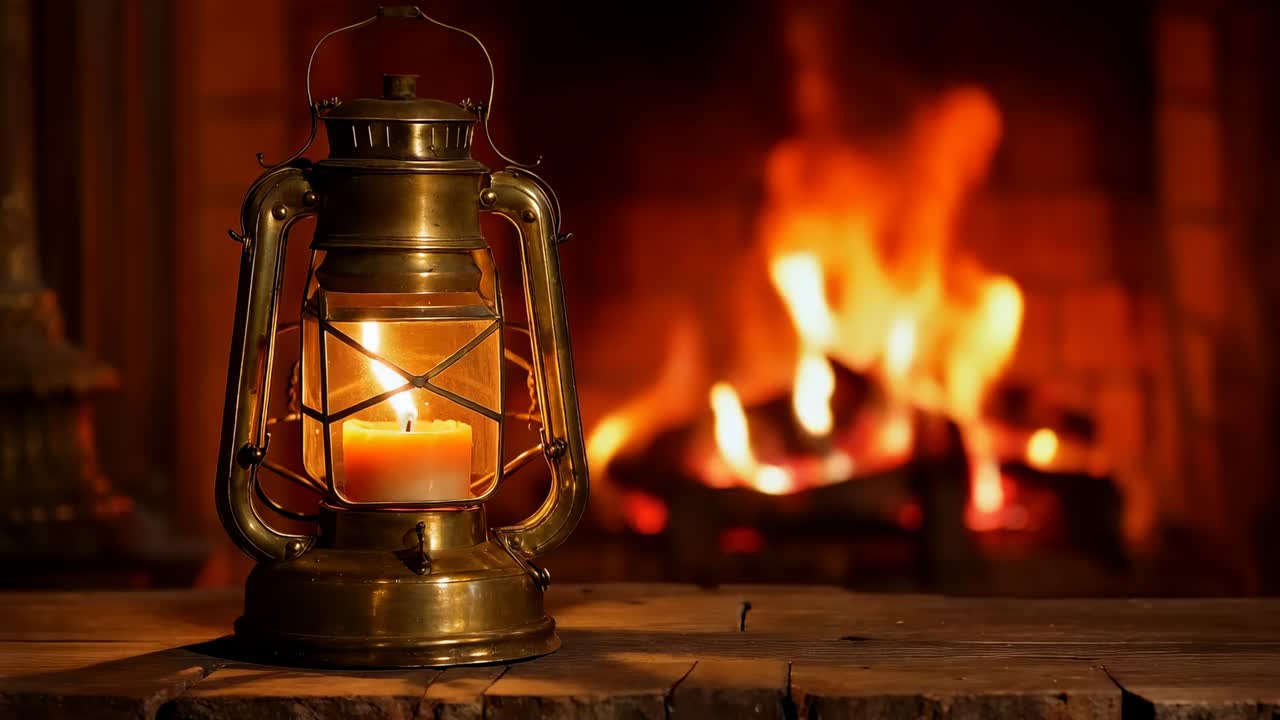 Lanterna in ottone tremolante appoggiata a sinistra sul caminetto, candela accesa e ceppi ardenti che creano una calda luce
