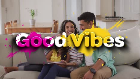 animation of good vibes text over smiling caucasian couple using laptop