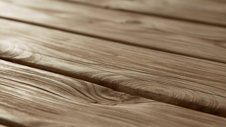 Primo piano con profondità di campo ridotta che mostra assi di legno orizzontali stagionate e una tavola in primo piano centrata con un nodo prominente, venatura fine, piccole crepe