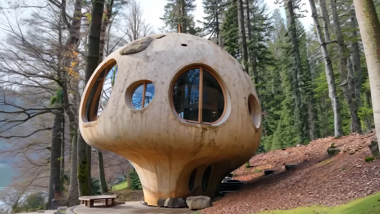 una casa de madera en el medio de un bosque al lado de un lago
