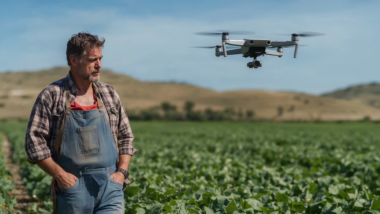 Watching farmer in denim overalls turning head up as drone approaches field, observing, copy space