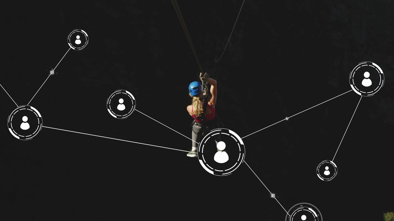Woman starting ziplining over gorge while animated nodes surrounding her, visualizing tech network