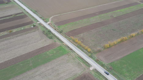 Drone-aerial-flyover-brown-green-farmland-black-car-driving-through-overcast