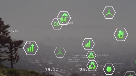 animación de iconos que caen sobre el paisaje