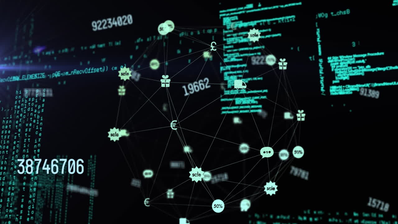 animación del globo de conexiones con iconos y procesamiento de datos sobre fondo negro