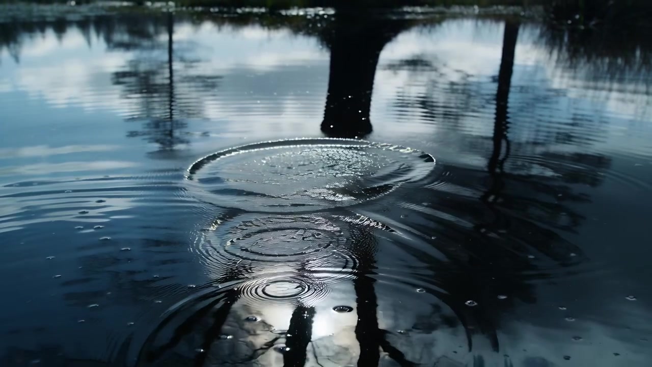 Droplet landing, ring rising then flattening, sending ripples across pond, distorting reflections