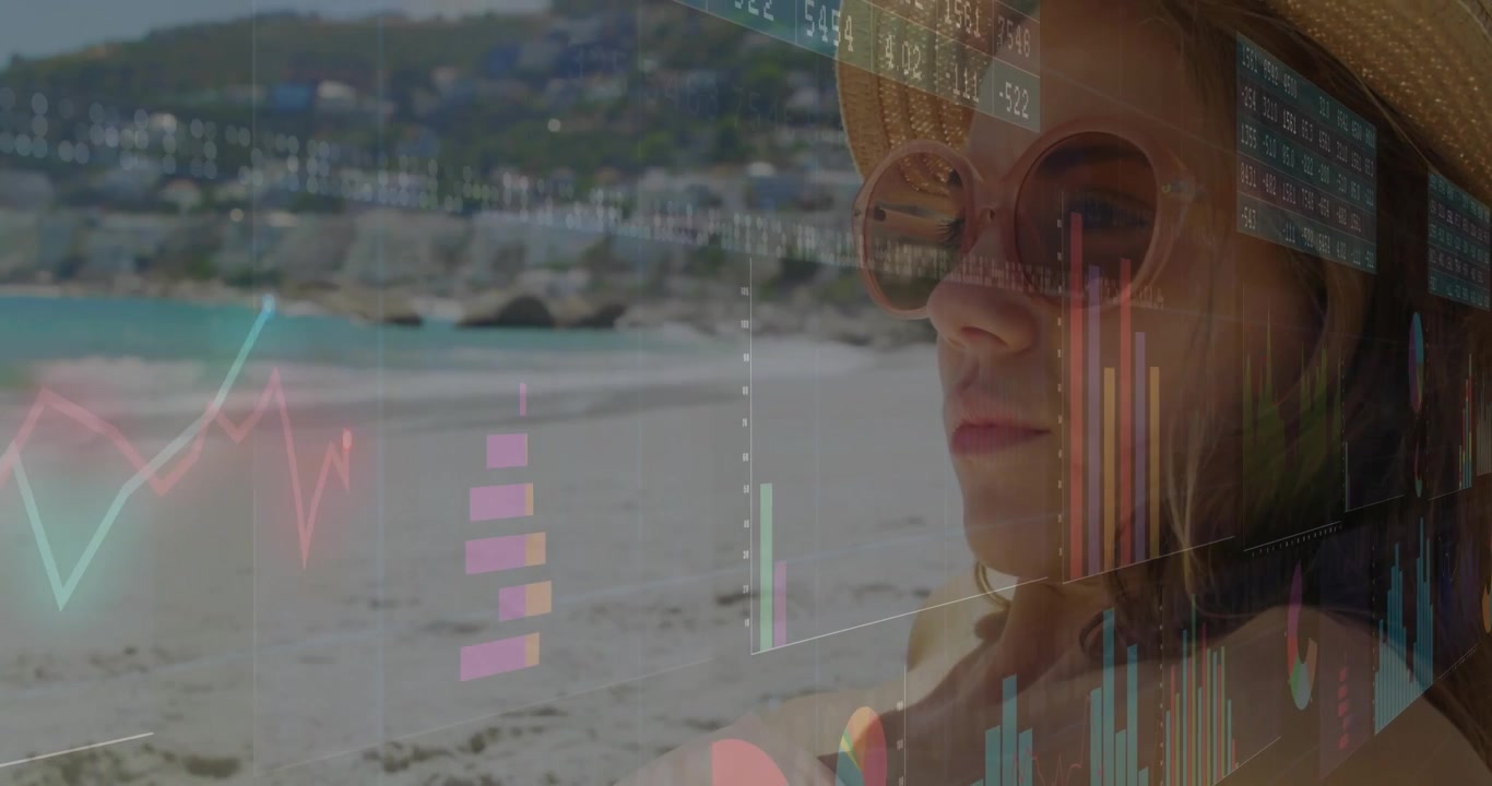 Adult woman gazing at turquoise sea sparking colorful chart overlays showing tech data trends