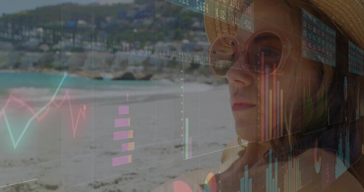 Adult woman gazing at turquoise sea sparking colorful chart overlays showing tech data trends