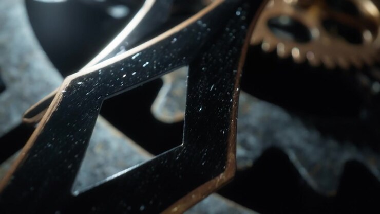 Macro shot of an arrow of a vintage clock and rotating cogs