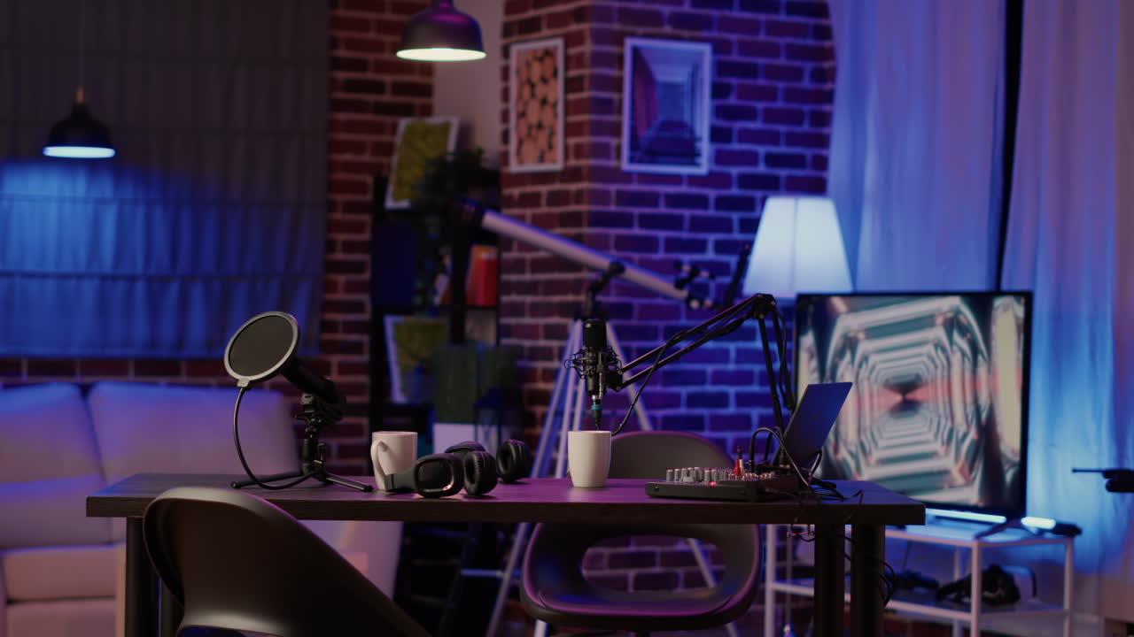 Empty desk equipped for dual vlog with headphones and microphones to broadcast interview