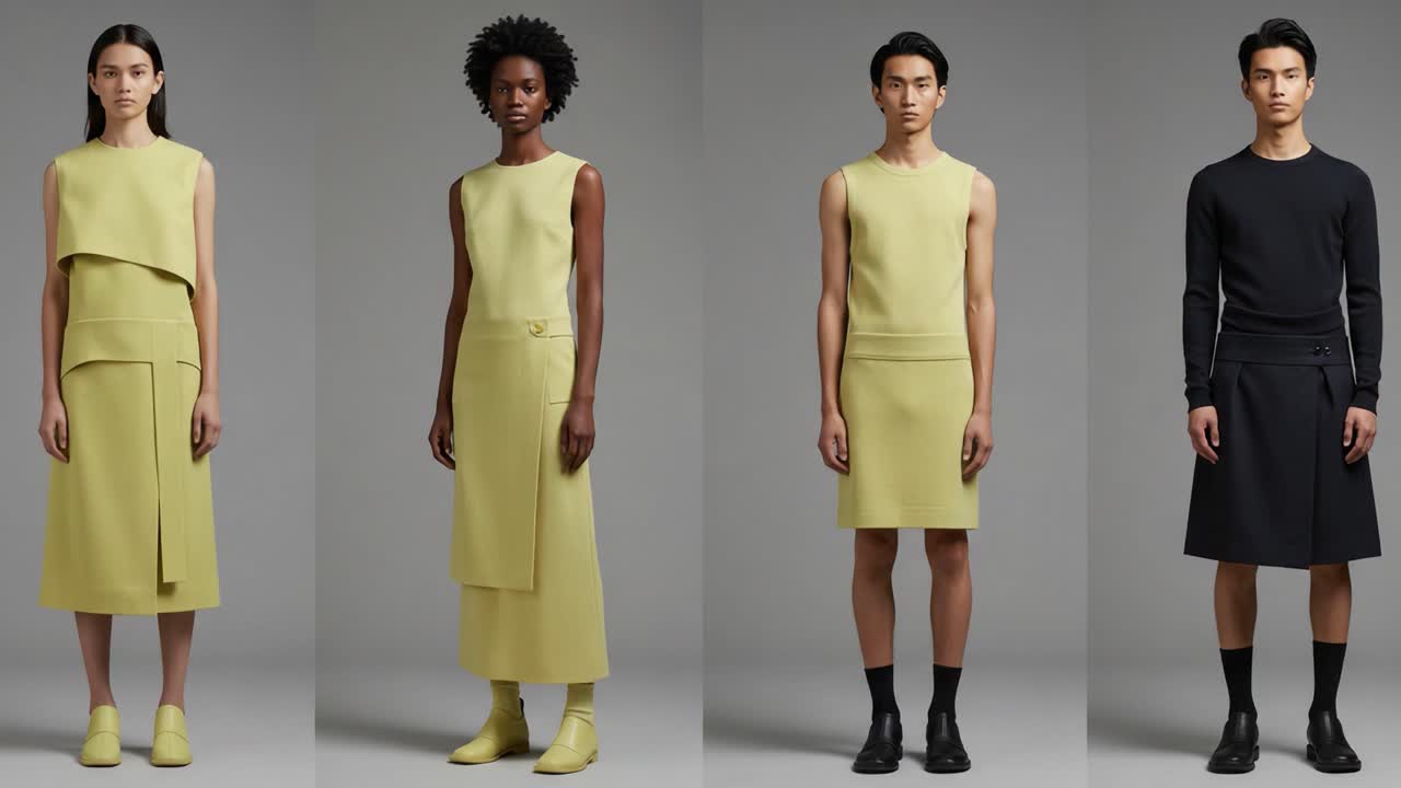 Exploring Modern Fashion Trends: A Collection of Stylish Design Focused on Tailored Silhouettes Showcasing Vibrant Colors and Unique Fabrics in Two Compelling Frames