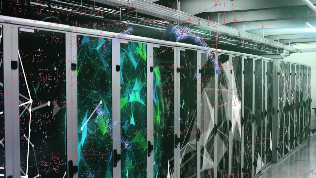animación de globo con ecuaciones matemáticas sobre puntos conectados en bastidores de servidores de datos