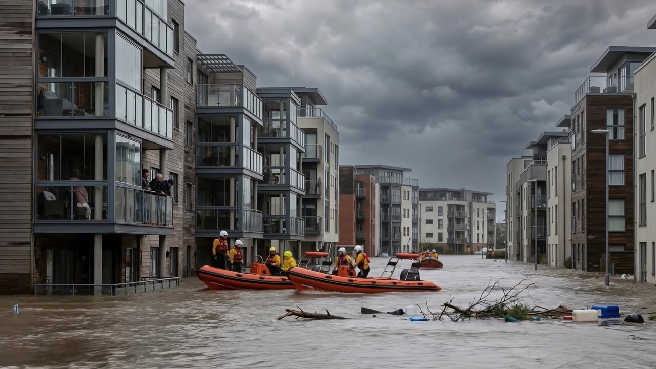 Squadre di soccorso di emergenza su gommoni arancioni che pattugliano acque alluvionali profonde in un moderno quartiere residenziale urbano.