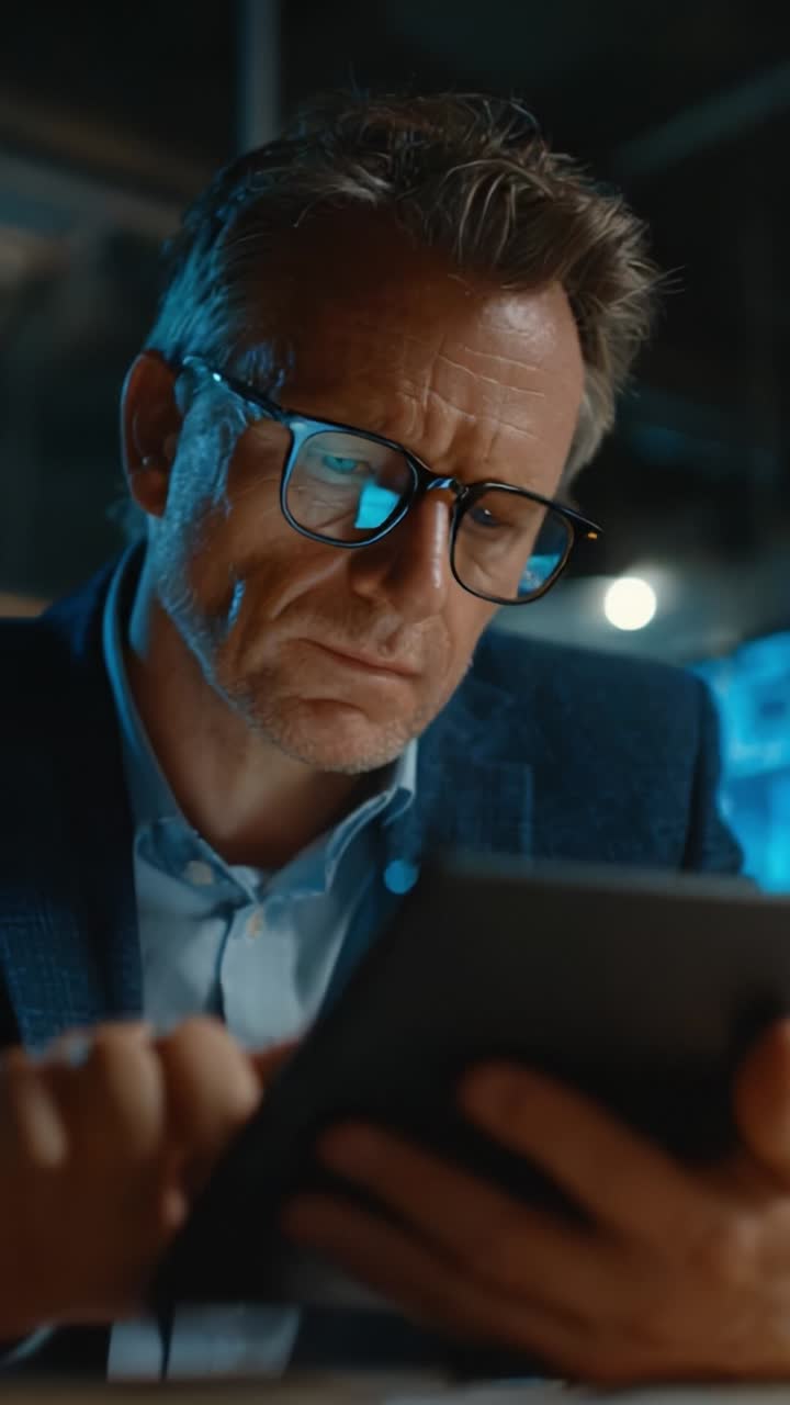 Primer plano de un hombre pensativo con gafas usando una tablet en un entorno con poca luz, concentrado en la pantalla con gran intensidad