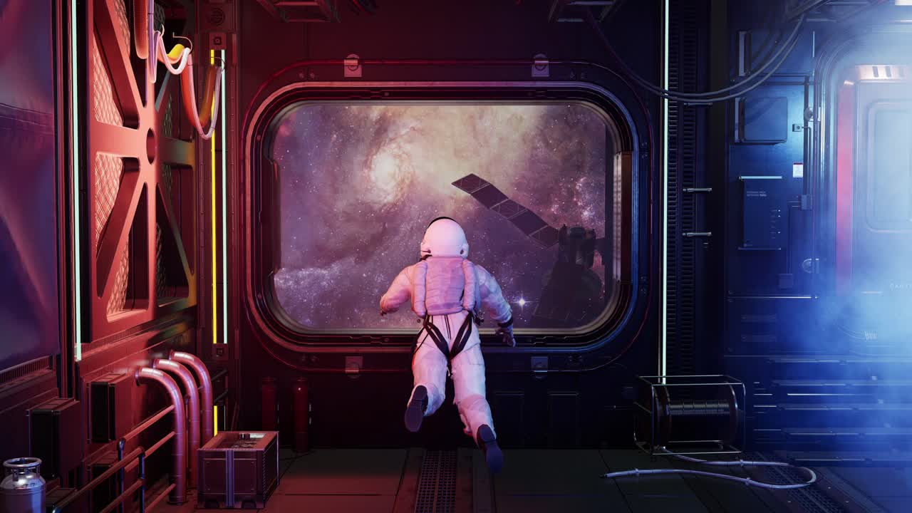 Full Body Back View Of Alone Astronaut In Futuristic Space Corridor Watching Earth And Stars. View Of The Earth And Communications Satellite. 3D Animation