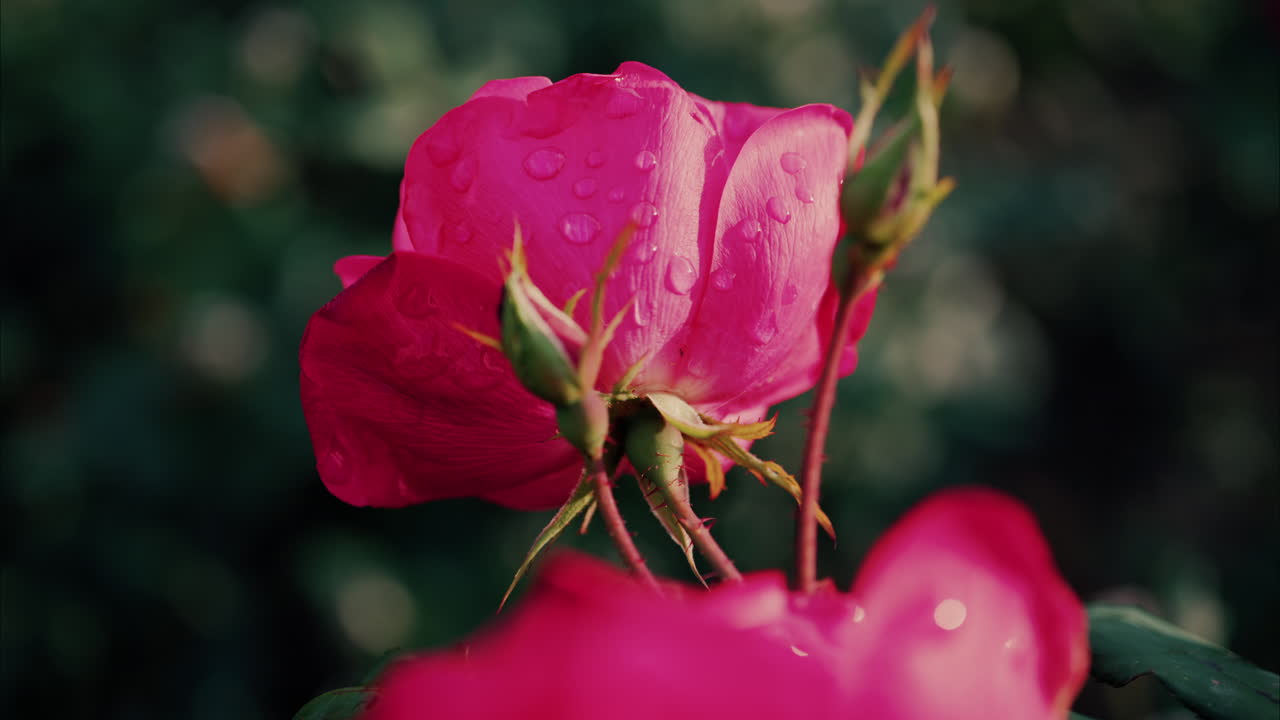 Close up of pink roses with water drops in a garden