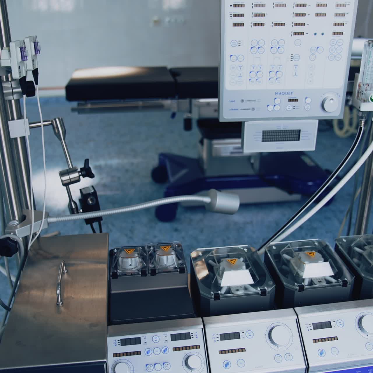 Contemporary surgical equipment in clinic. Medical devices for surgery in empty operating room. Modern medicine