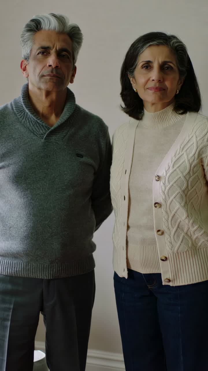 Vídeo vertical: pareja de ancianos de pie en casa, en jersey, estirándose mientras la cámara se acerca.