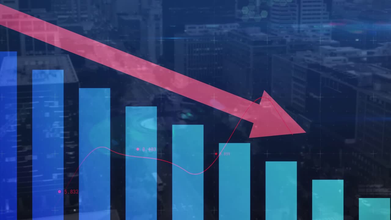 Animation of red arrow with statistics processing over cityscape