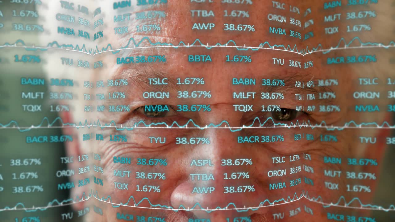 Senior trader monitoring market feed updating on glass following tickers and line charts for trades