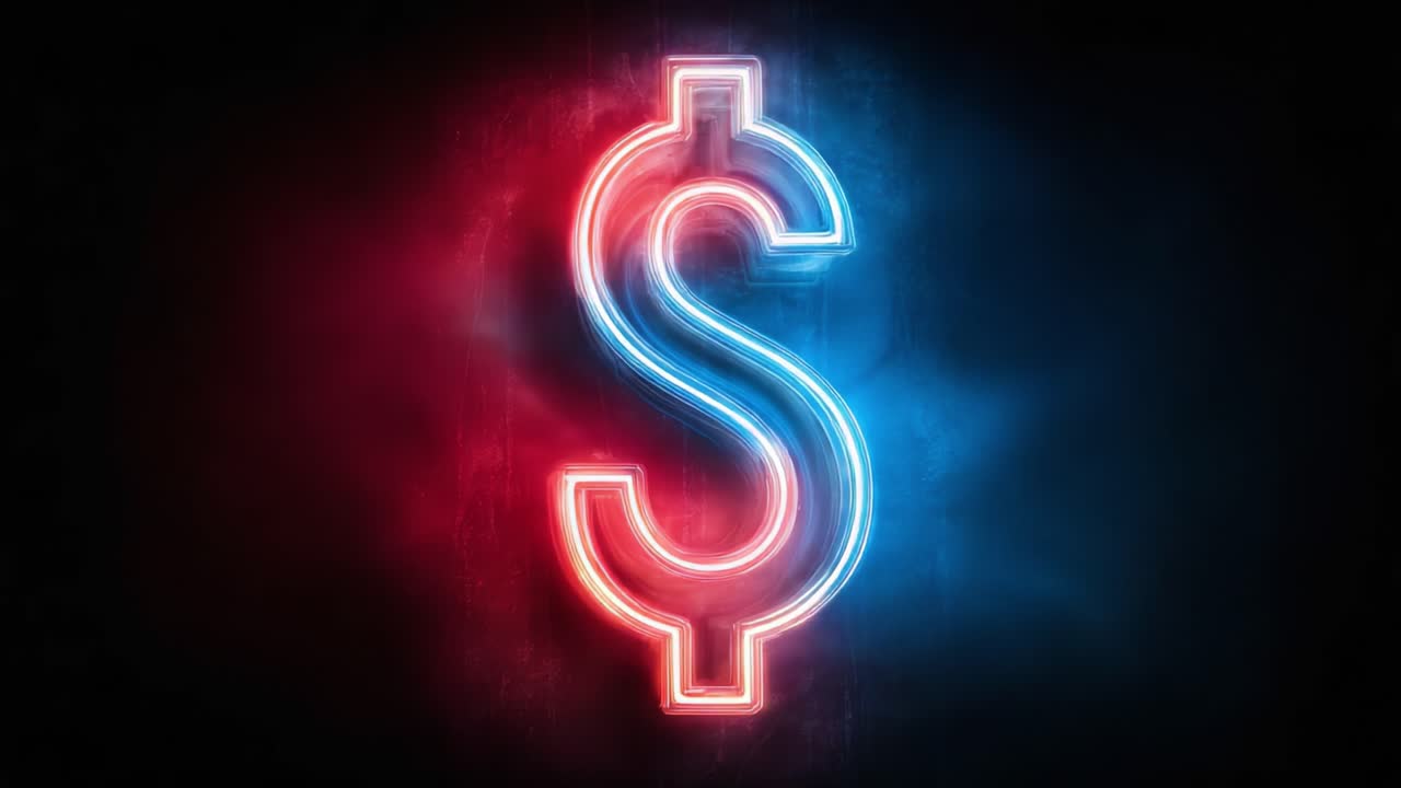 Un vibrante segno del dollaro al neon illumina l'oscurità, simboleggiando ricchezza e potere finanziario in un'era digitale moderna con colori accattivanti.