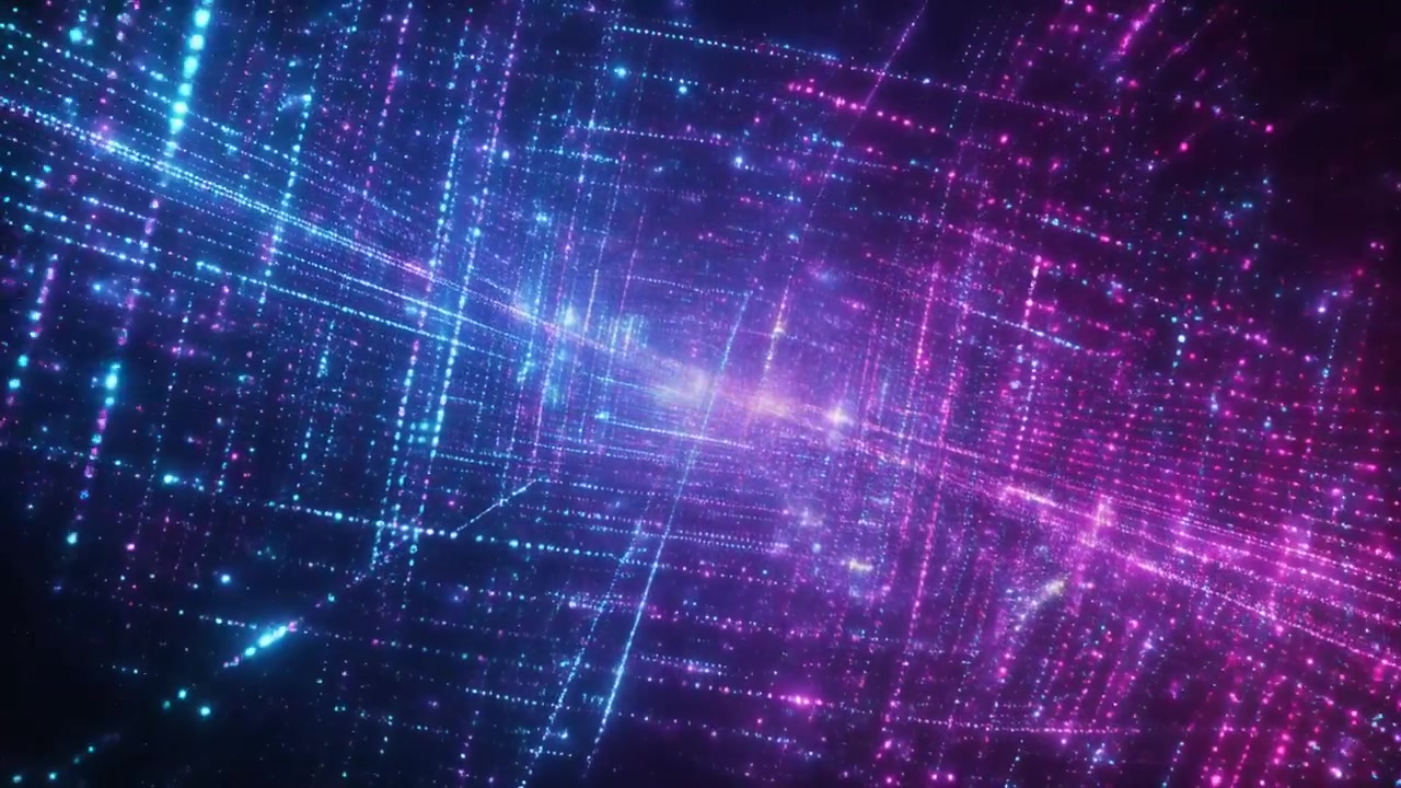 Abstrakter digitaler Gittertunnel mit leuchtenden blauen und rosa Partikeln
