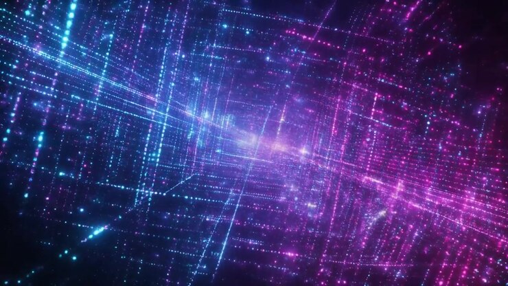 Abstract Digital Grid Tunnel with Glowing Blue and Pink Particles
