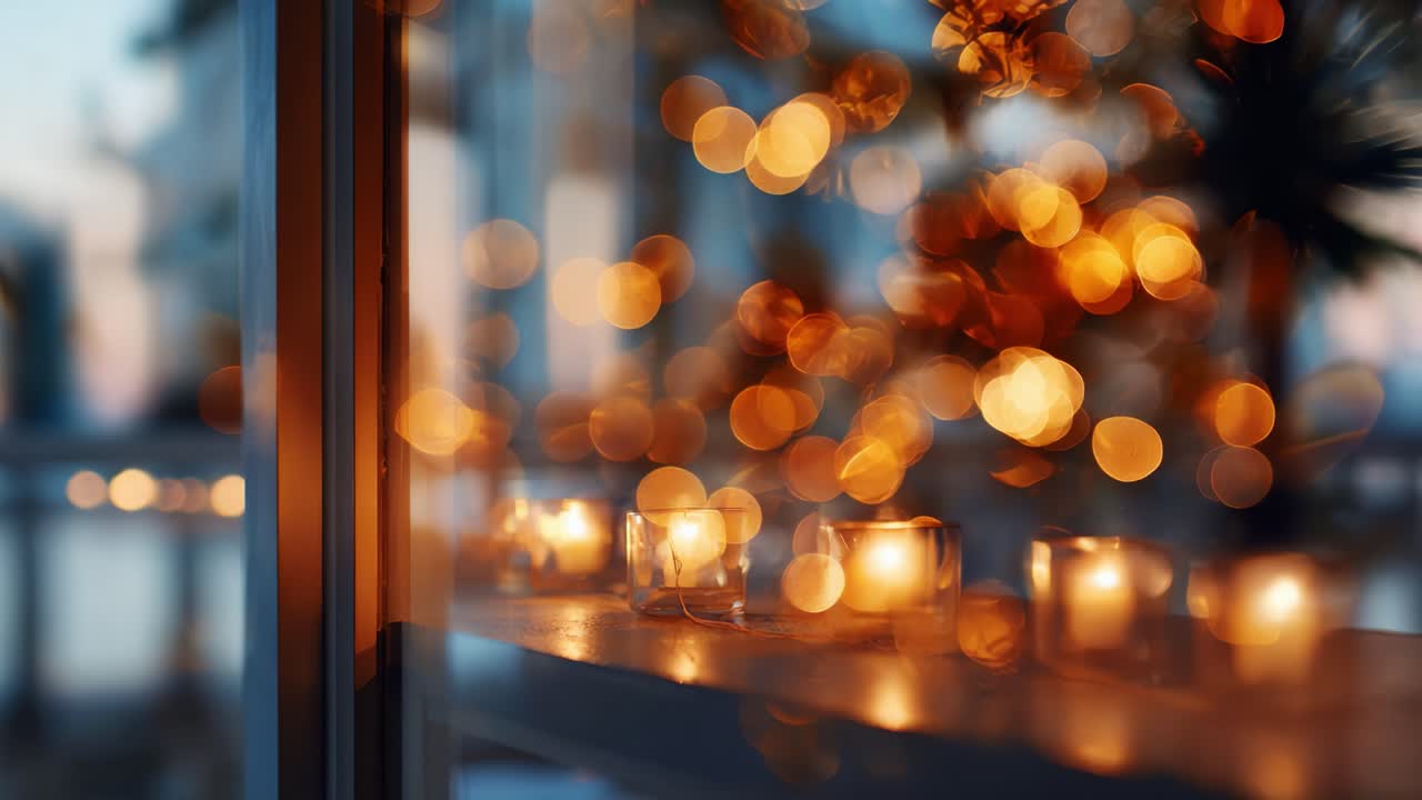 Klidná večerní scenérie s hřejivým světlem svíček a zářivým bokeh, vytvářející klidnou atmosféru s jemnými odrazy a okouzlující atmosférou