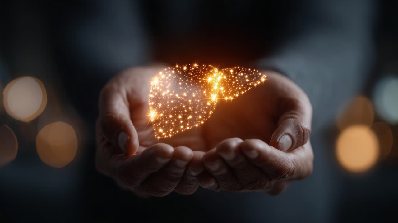 A Glowing Representation of a Human Liver Hovers Above Hands, Symbolizing Health, Resilience, and Vitality in a Captivating Glow of Stars and Light