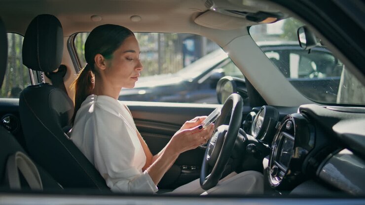 Primo piano di un autista di lusso che guarda il telefono seduto in un'auto VIP. Donna che usa il cellulare.