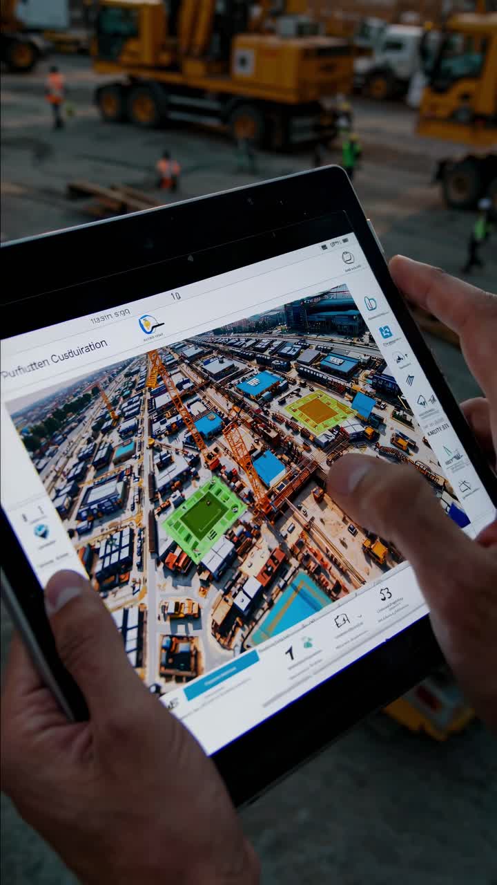 Hands holding a tablet displaying a construction site plan