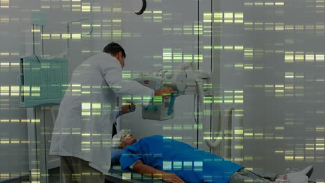 doctor adjusting overhead x-ray tube over patient in radiology lab, animating floating health icons