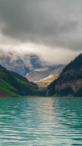 vertical 4k timelapse, pristine water of lake louise and clouds moving above peaks of banff national park, canada