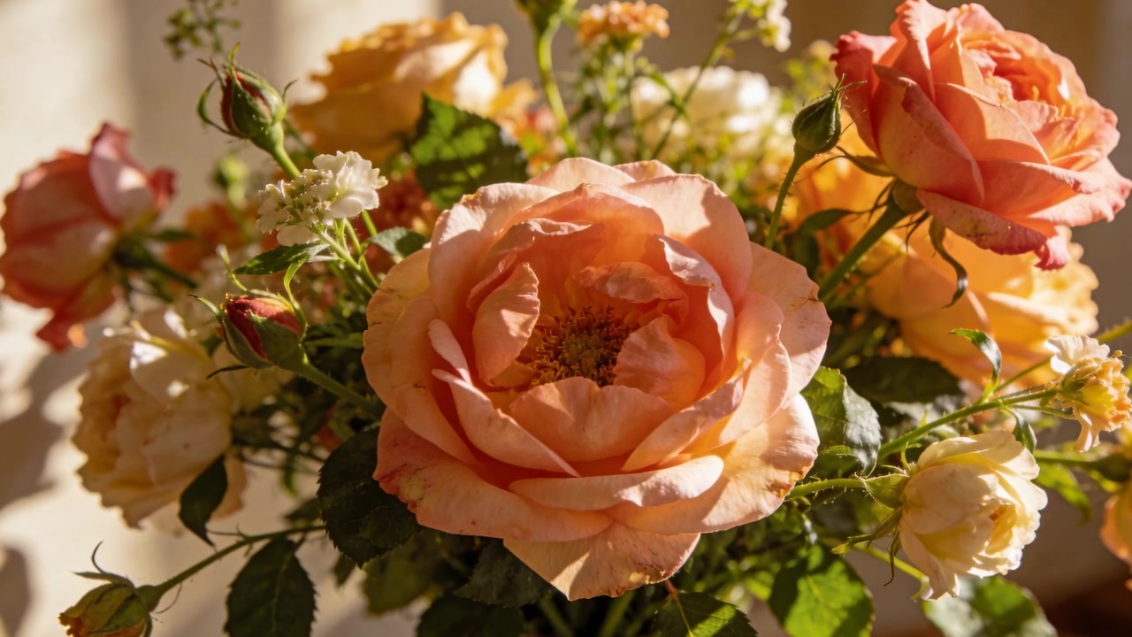 Telecamera che panoramica e stringe la messa a fuoco su una rosa color pesca-arancio alla finestra, evidenziando il fiore e il vaso.
