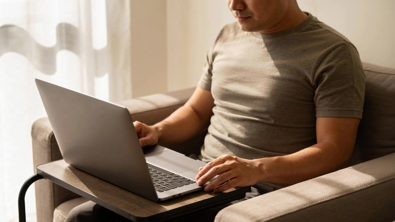 Moving right hand from keyboard, man in olive tee adjusting laptop on lapdesk at home working