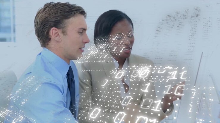 Animation of binary coding data processing over diverse business people in office