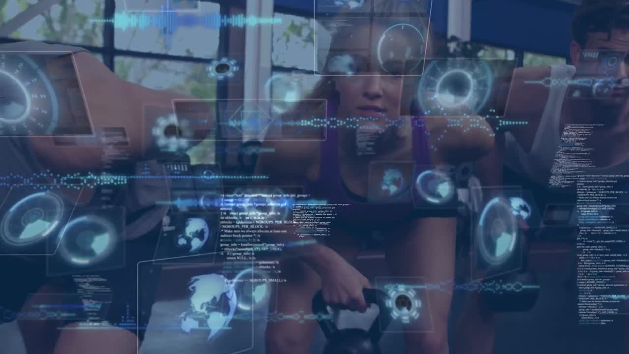 animación del procesamiento de datos sobre personas levantando pesas, haciendo ejercicio en el gimnasio.